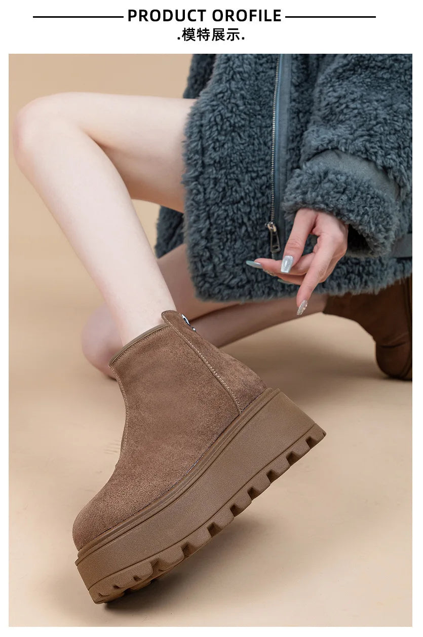Fujin 7cm Suede Cow Genuine Leather Snow Boots Women Ankle Booties Platform Wedge Winter Plush Chelsea Boots Shoes for Women