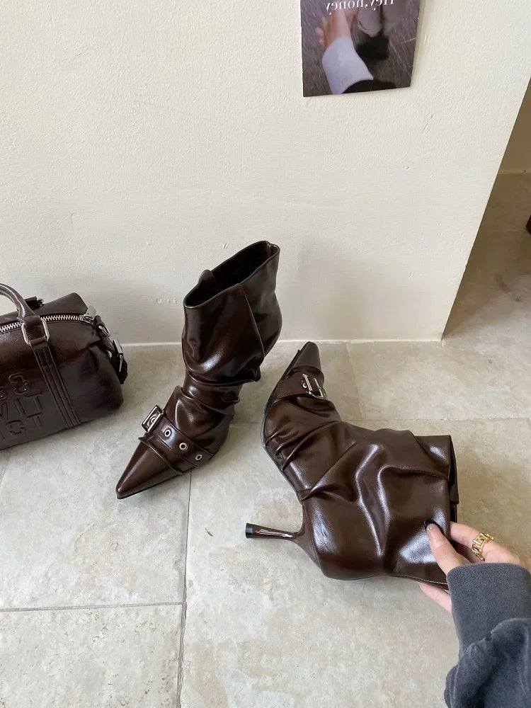 Aneikeh Spring Autumn Short Booties Sexy Thin High Heels Pointed Toe Women Ankle Boots Designer Belt Buckle Pleated Shoes