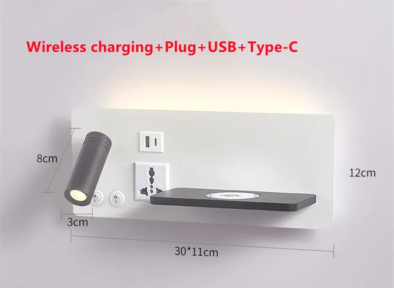 Wireless Charging Wall Lamp Bedroom Bedside USB Wall Light Rotatable Reading Lamp Study Room Switch Modern Multifunctional Hotel