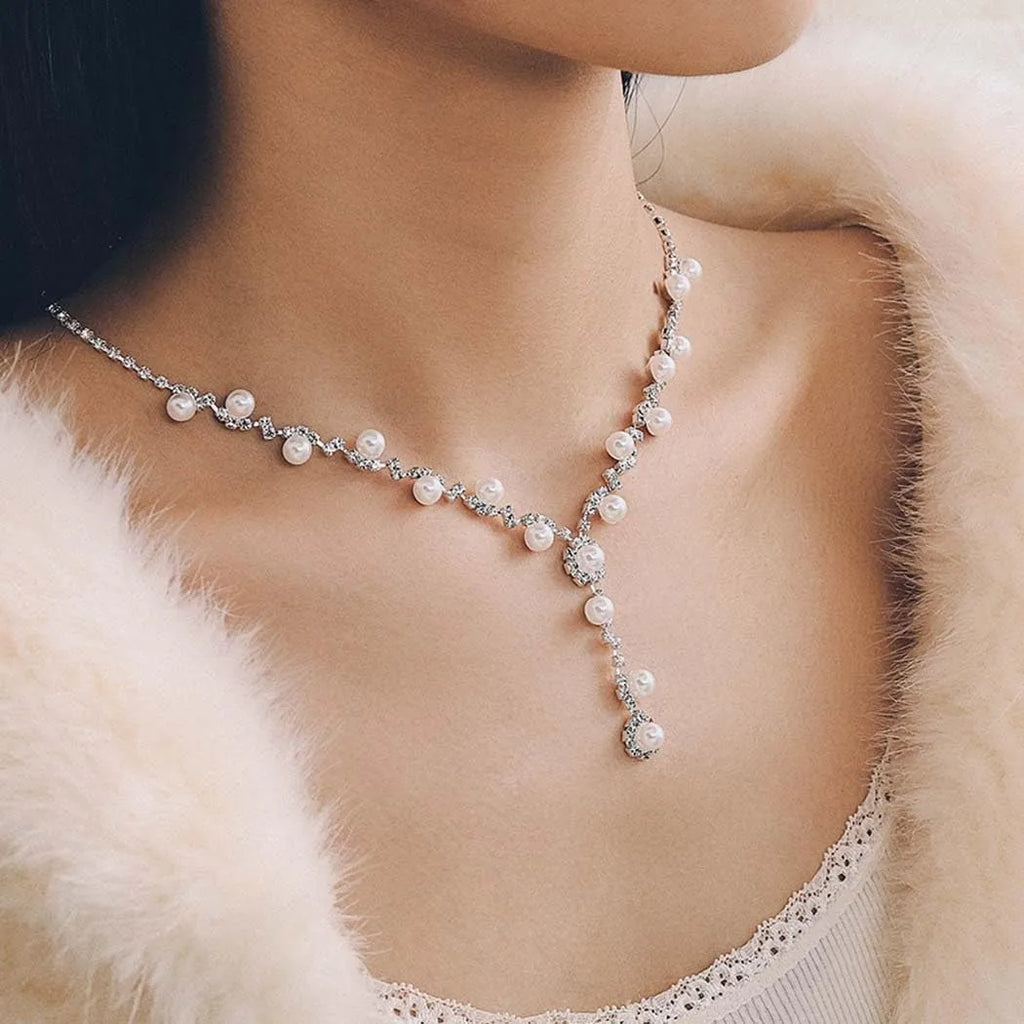 Silver Pearl Bridal Wedding Jewelry Set Rhinestone Necklace Earrings Bracelet Sets Formal Costume Jewelry for Women and Brides