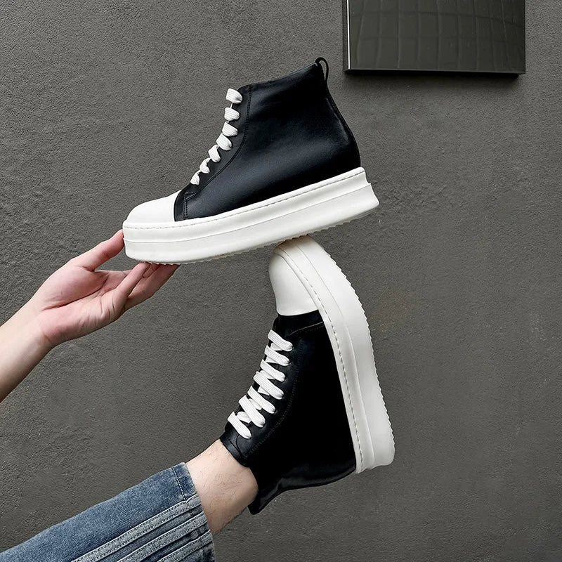 Street Style Ankle Boots for Men Genuine Leather High Top Shoes Fashion Brand Motorcycle Boots Thick Bottom  Male Walking Shoes