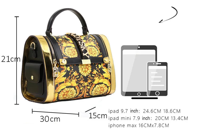 Women Boston Bag Printed Pattern Handbag Large Capacity Shoulder Crossbody Bag Double Zipper Half Cover Style Top Top Handle Bag