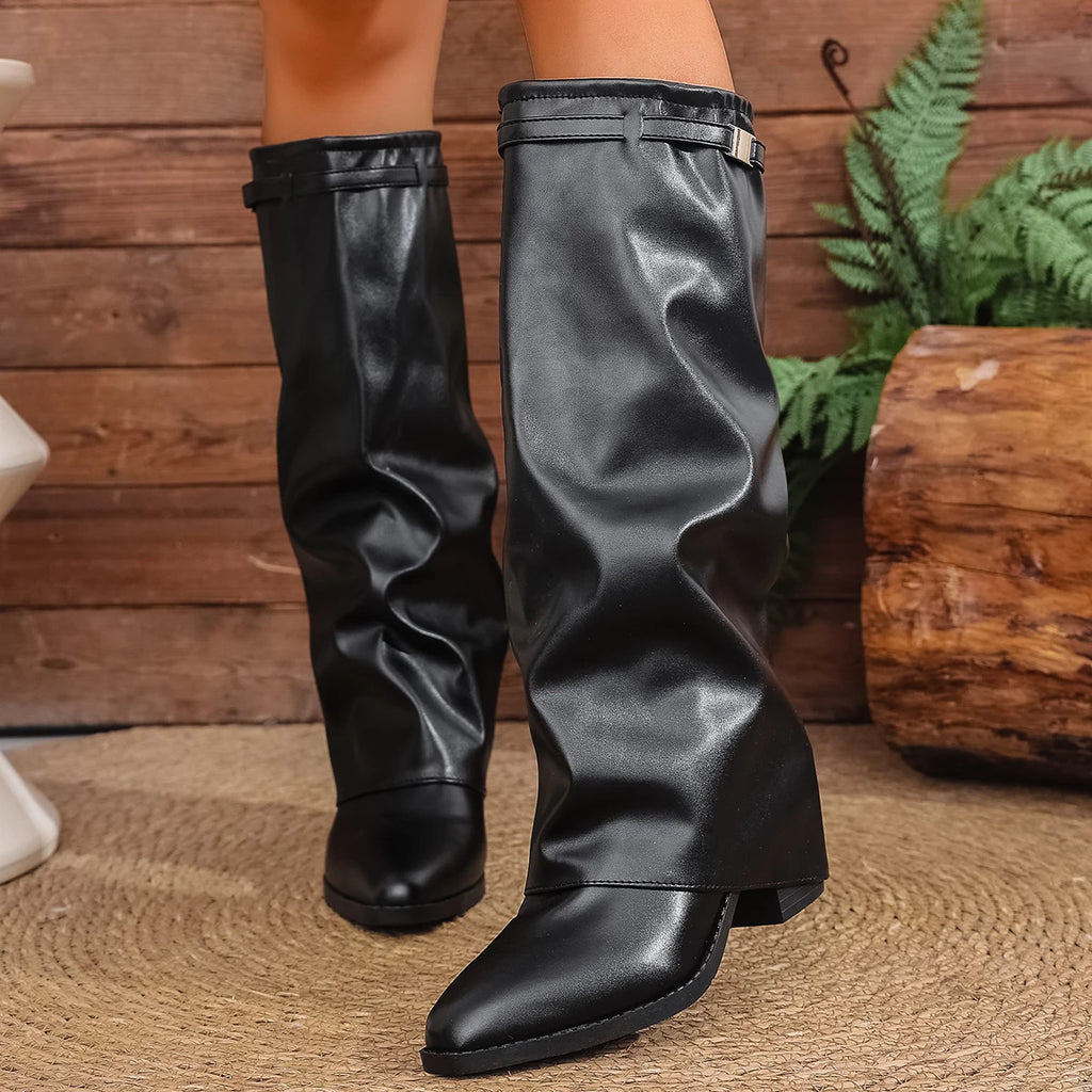 Fashion Fold Over Knee High Boots for Women Slip On Chunky High Heel Shark Boots Woman Wide Leg PU Leather Long Botas Mujer 2025