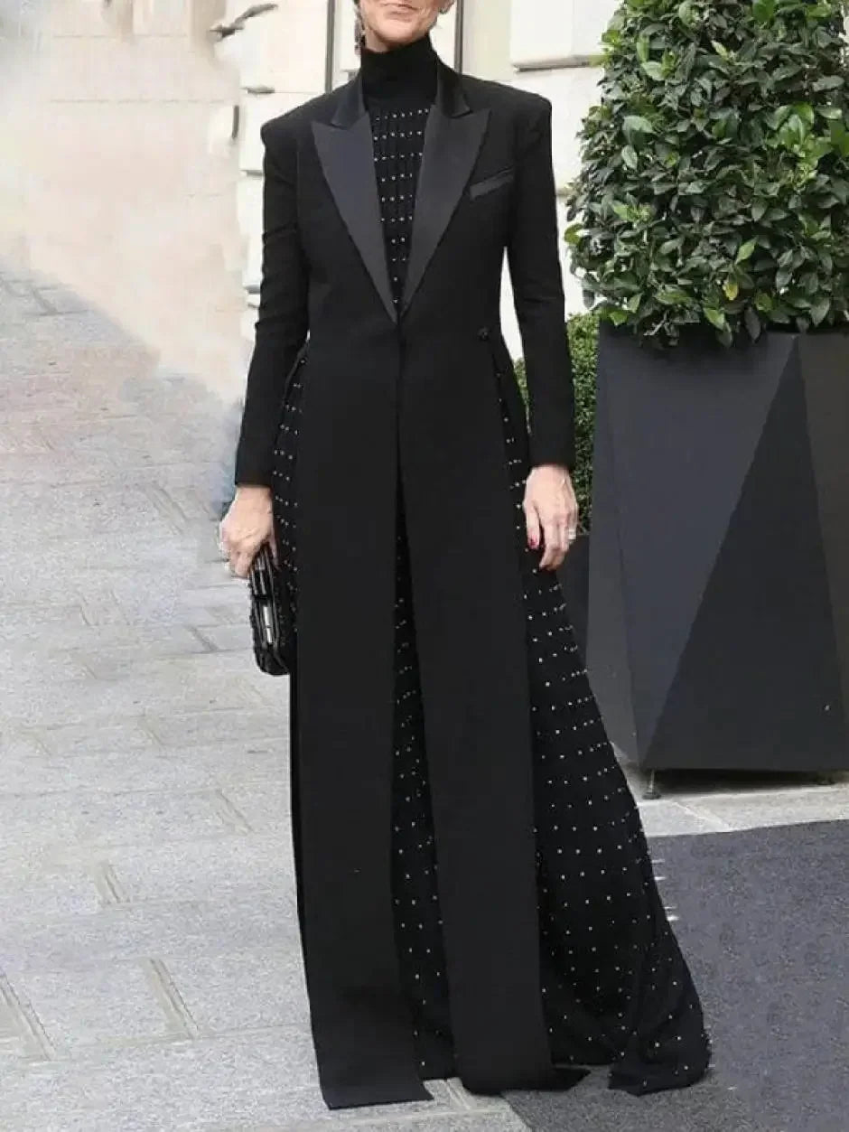 Missuoo Women's Black Extra-long Blazer Coat Lapel V-neck Long Sleeves Split-side Elegant Outerwears 2025 Fall New