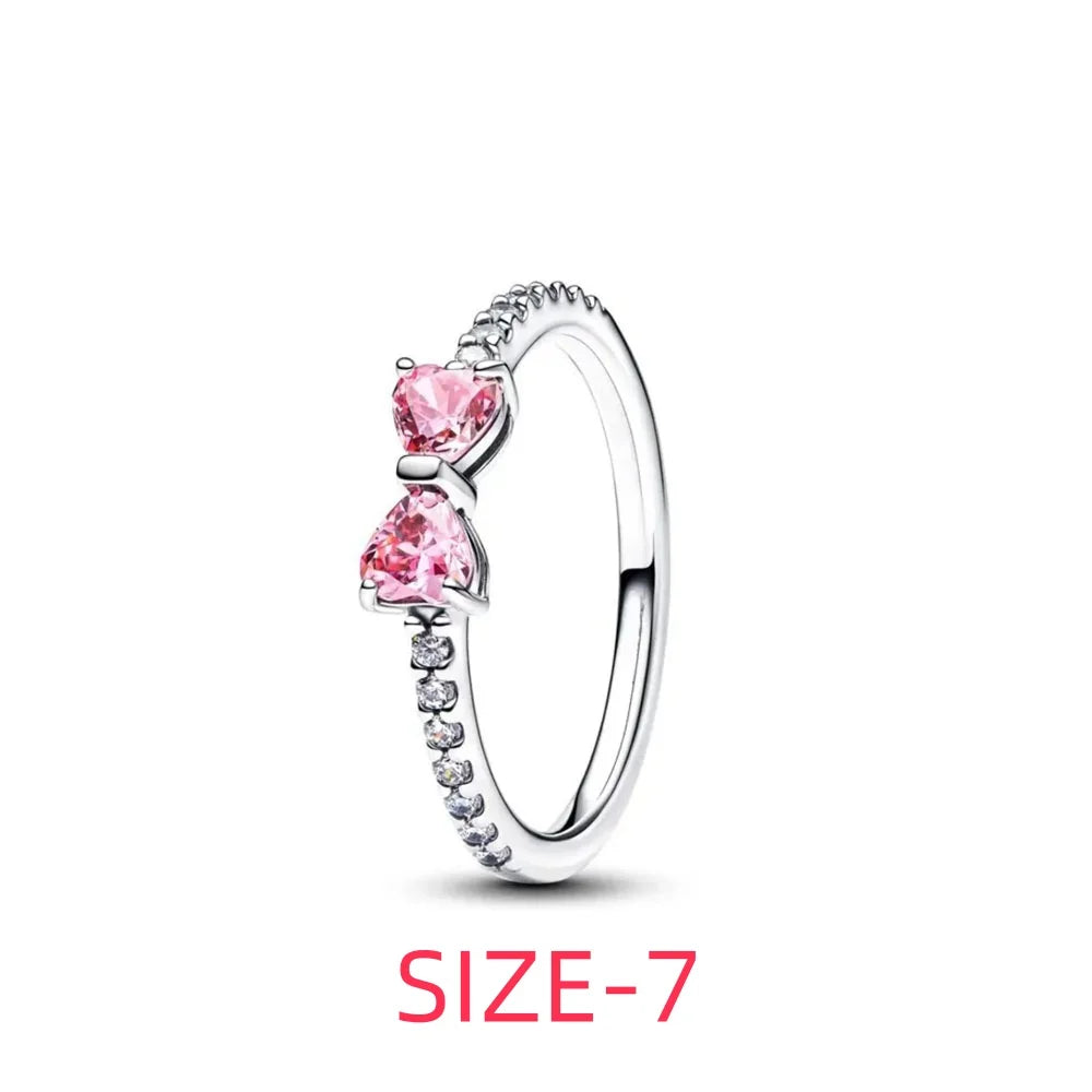 Original 925 Sterling Silver Colorful Bow Set Necklace Ring Earring Crystal For Women Valentine's Birthday Gift DIY Jewellery