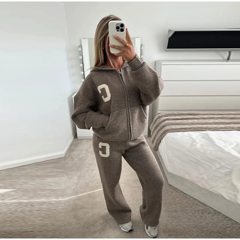 Knitted Women's Pant Sets Hooded Long Sleeve Dropped Shoulder Zipper Female Jacket Solid Elastic Waist Straight Pants For Ladies