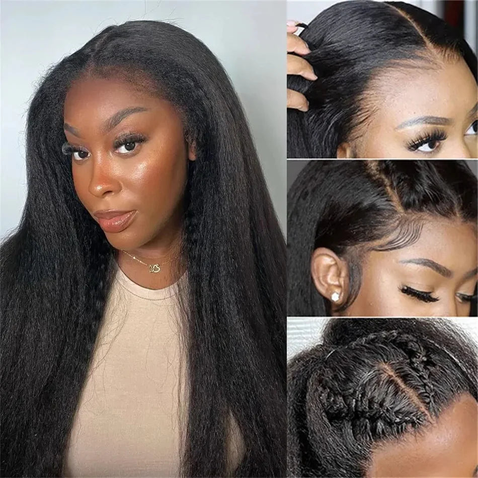 Kinky Straight 13x4 Lace Front Human Hair Wigs For Women Brazilian Bone Colored Yaki Straight Transparent Lace Frontal Curly Wig