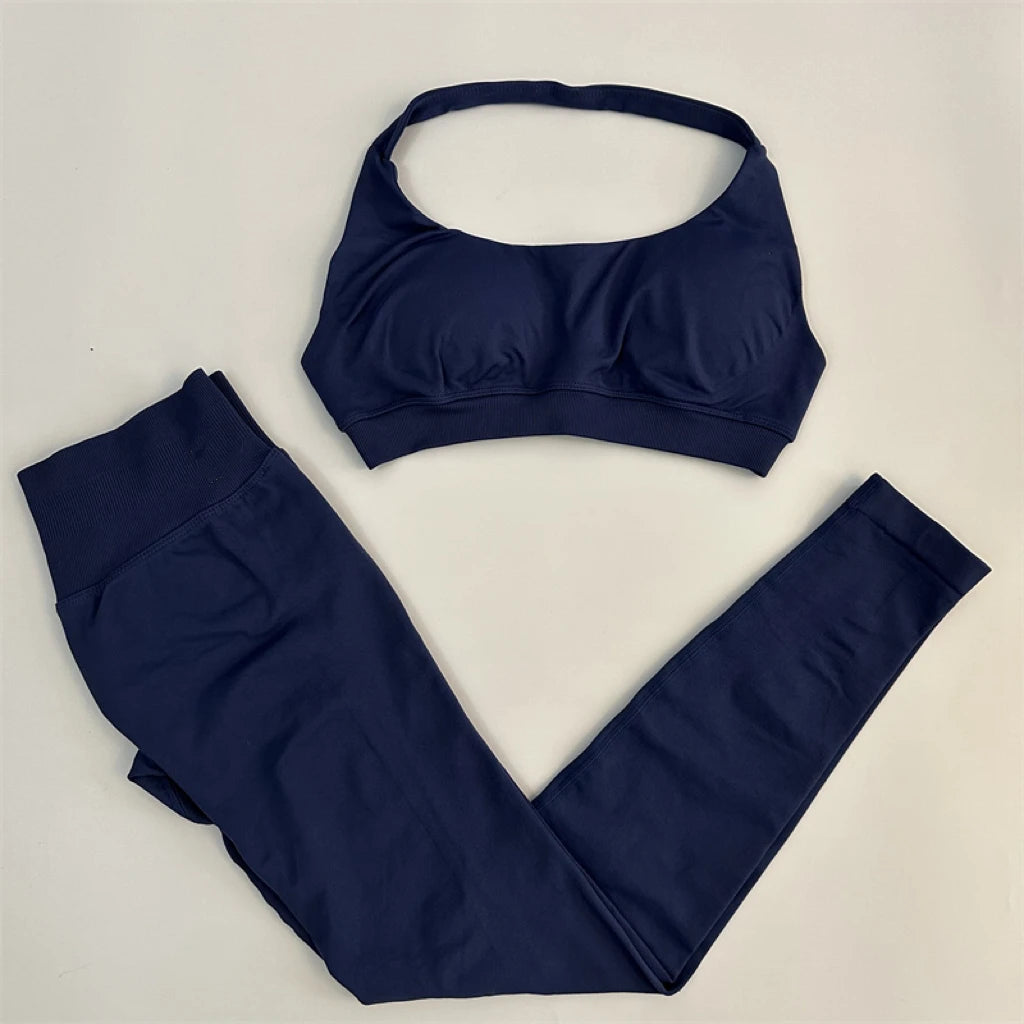 Ladies seamless yoga suit; two-piece fitness leggings; hip-lifting yoga pants set; gym sport suit; backless sports bra with