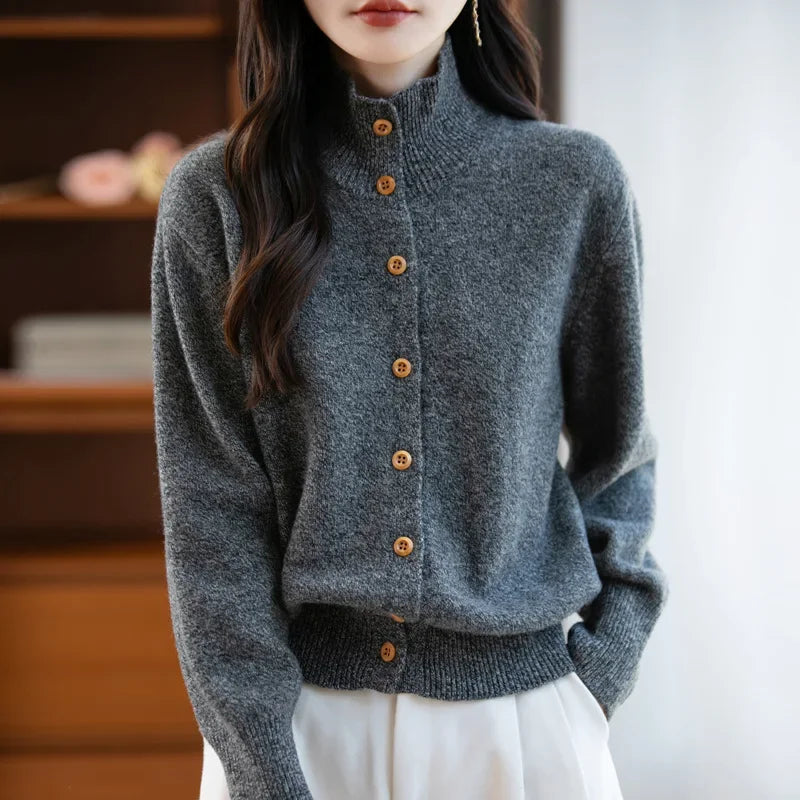 Pure Wool Thickened Knitted High Collar Sweater Coat for Women Winter Season Button up Cardigan Outerwear Floral Pattern