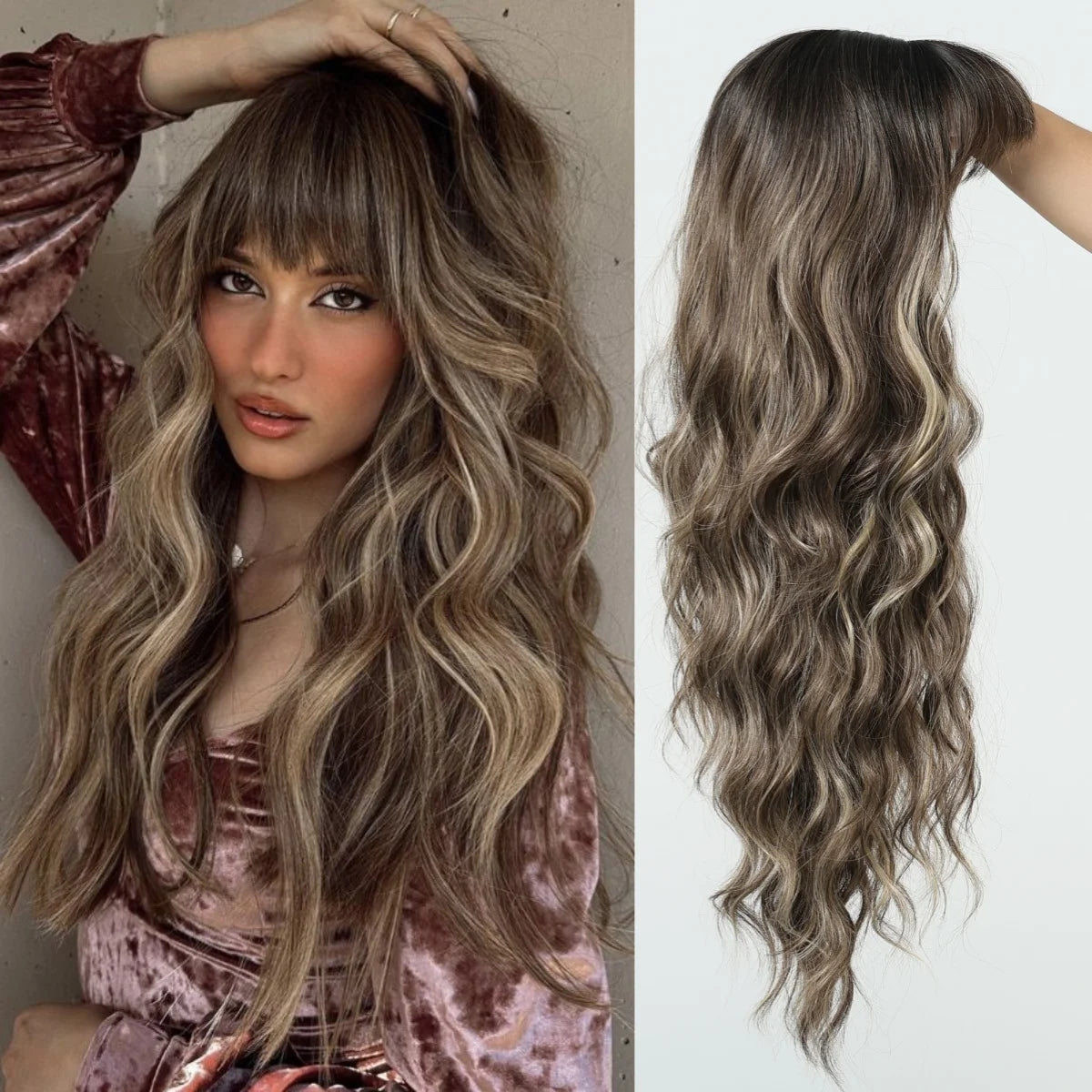 Platinum 613 Blonde Wig Long Wavy Synthetic Wig with Bangs Curly Mixed Golden for Women Cosplay Party Daily Use Heat Resistant