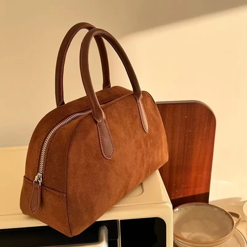 Brown Vintage Suede Tote Bag High Quality Designer Luxury Boston Handbag 2025 Winter New in Women's Bags Korean Hand Bag Ladies