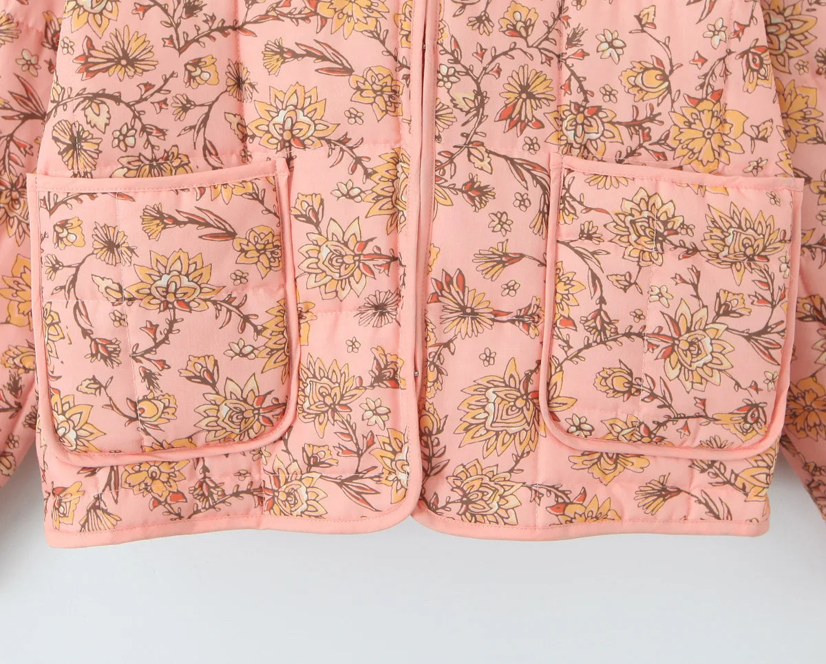 Print Quilted Cotton Jacket Women Fashion Long Sleeved High Neck Coats Female Single Breasted Loose Coat Autumn New Outerwear