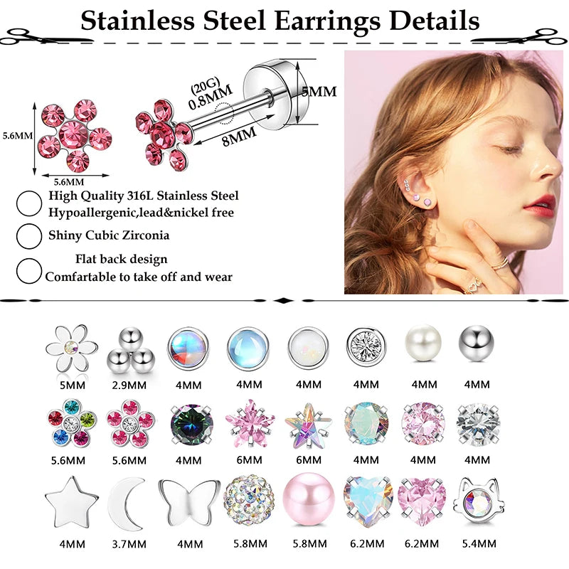 2PCS/Set Stainless Steel Heart Moon Earbone Stud Screw Ball Stud Earrings for Women Fashion Ear Tragus Cartilage Body Piercing