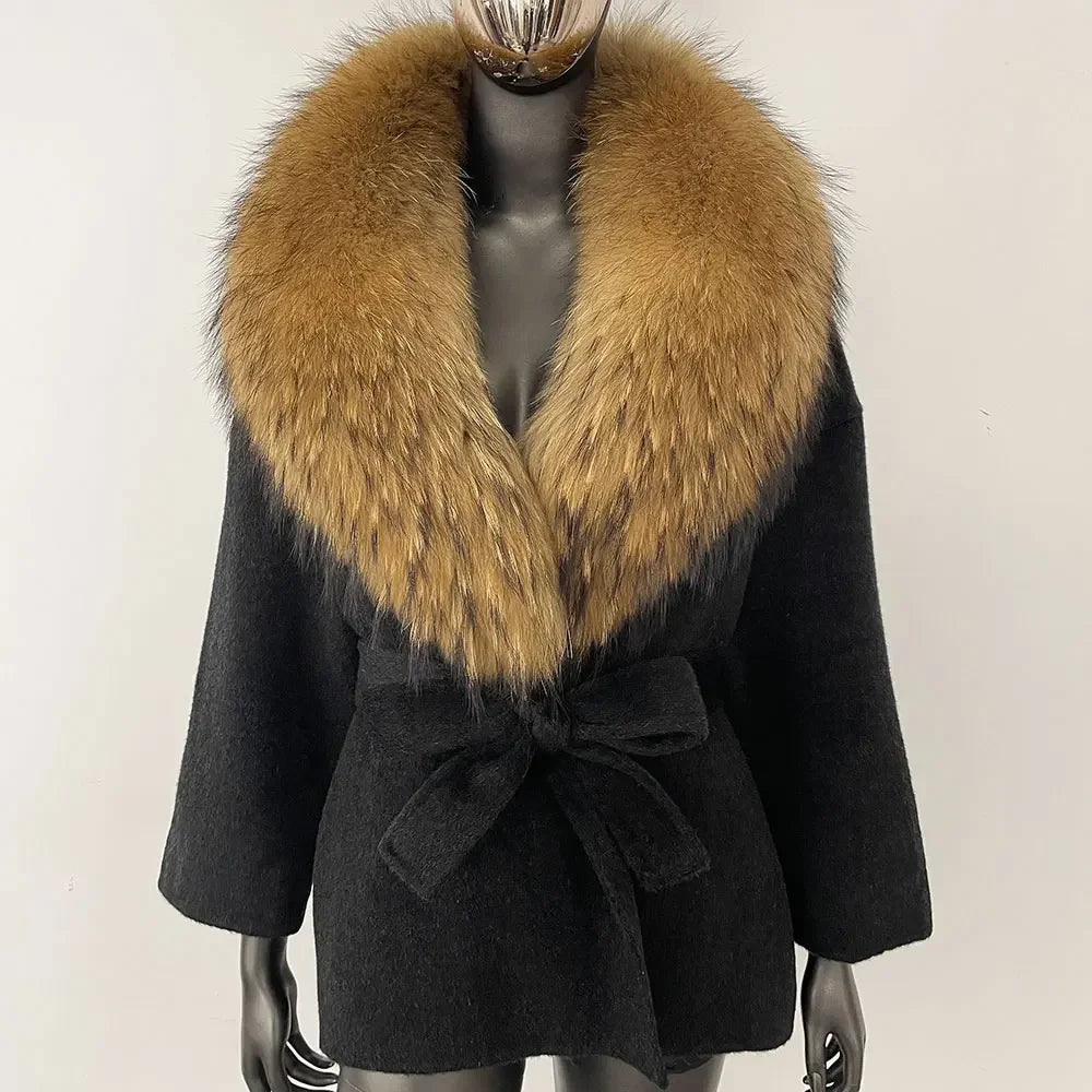 OFTBUY Real Raccoon Fox Fur Coat 2024 New Belt Pocket Winter Blends Wool Coat Women Loose Outerwear Fur Jacket Casual Streetwear
