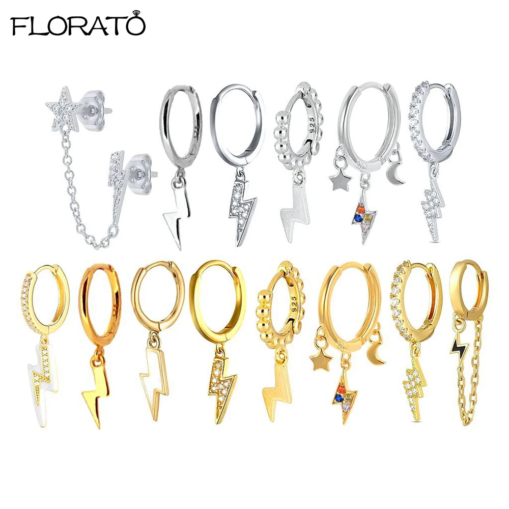 925 Sterling Silver Needle Lightning Pendant Earrings Charming Pave Crystal Gold Hoop Earrings for Women Fashion Jewelry Gifts