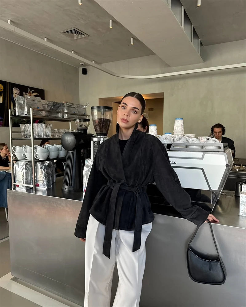 Tornova Retro Suede Long-sleeved Jacket Coat Female V neck Lace Up Jacket 2025 Autumn Winter New Commute Office Lady Outerwear