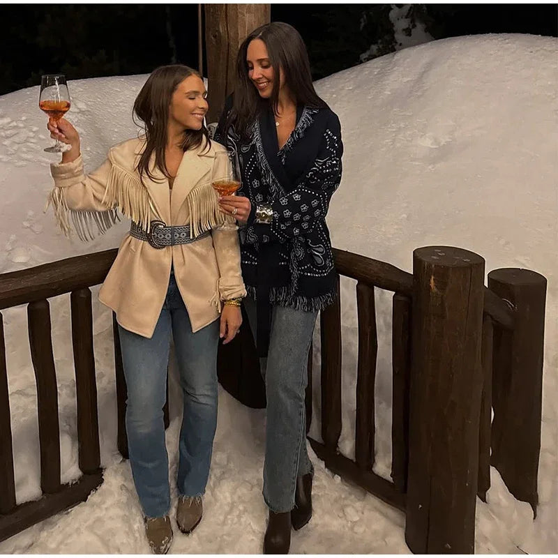 Tassel Patchwork Printed Cardigan Women Fashion V-neck Long Sleeve Loose Outerwears Lady Autumn Daily Commute Street Cardigans