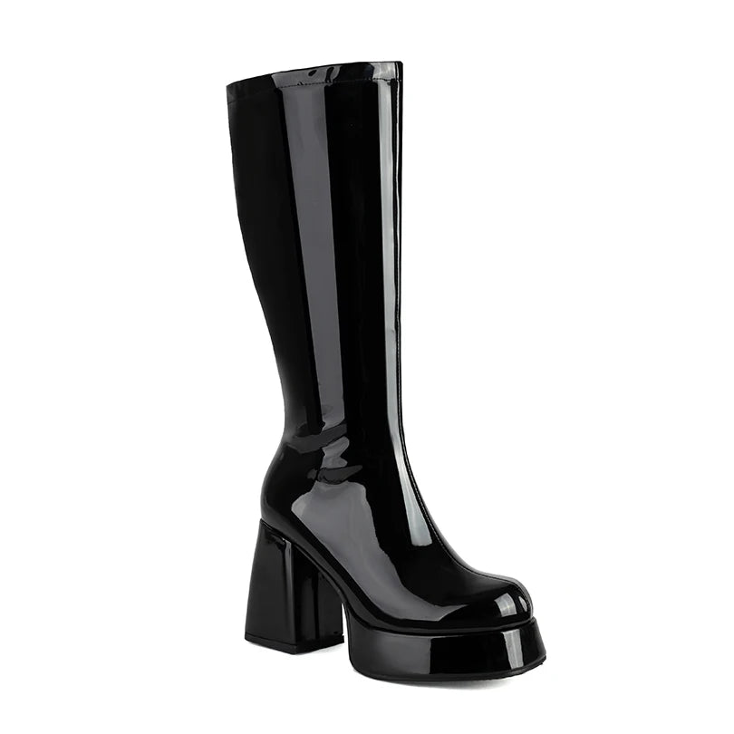 Plus Size Glossy Patent Leather Upper Square Toe Super Thick Heel Plush Lining Women's Knee Boots Platform Side Zipper Boots