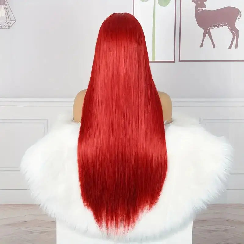 Synthetic Wig For Lady With Long Straight Hair, Parting With Bangs. Natural Synthetic Fabric Matte Finish Full Head Cover.