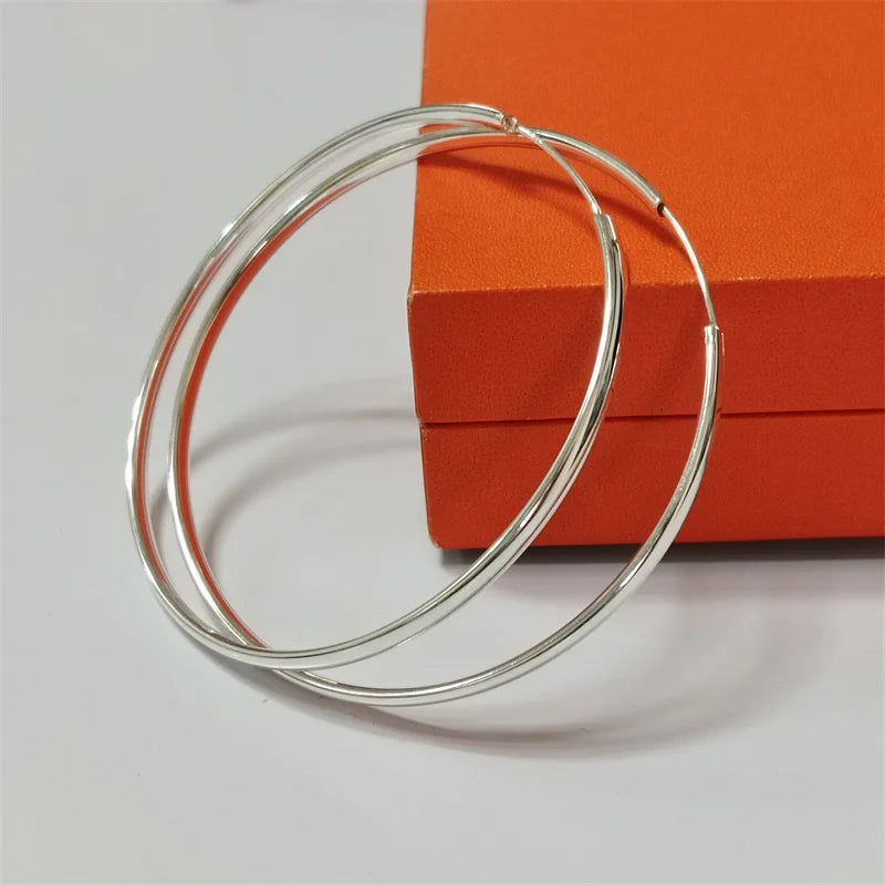 Senlissi - New Platinum Plated 925 Sterling Silver Women's Hoop Earrings 3.0mm Fashion Earring 18K Gold Cерьги Kольца 70 80 90MM