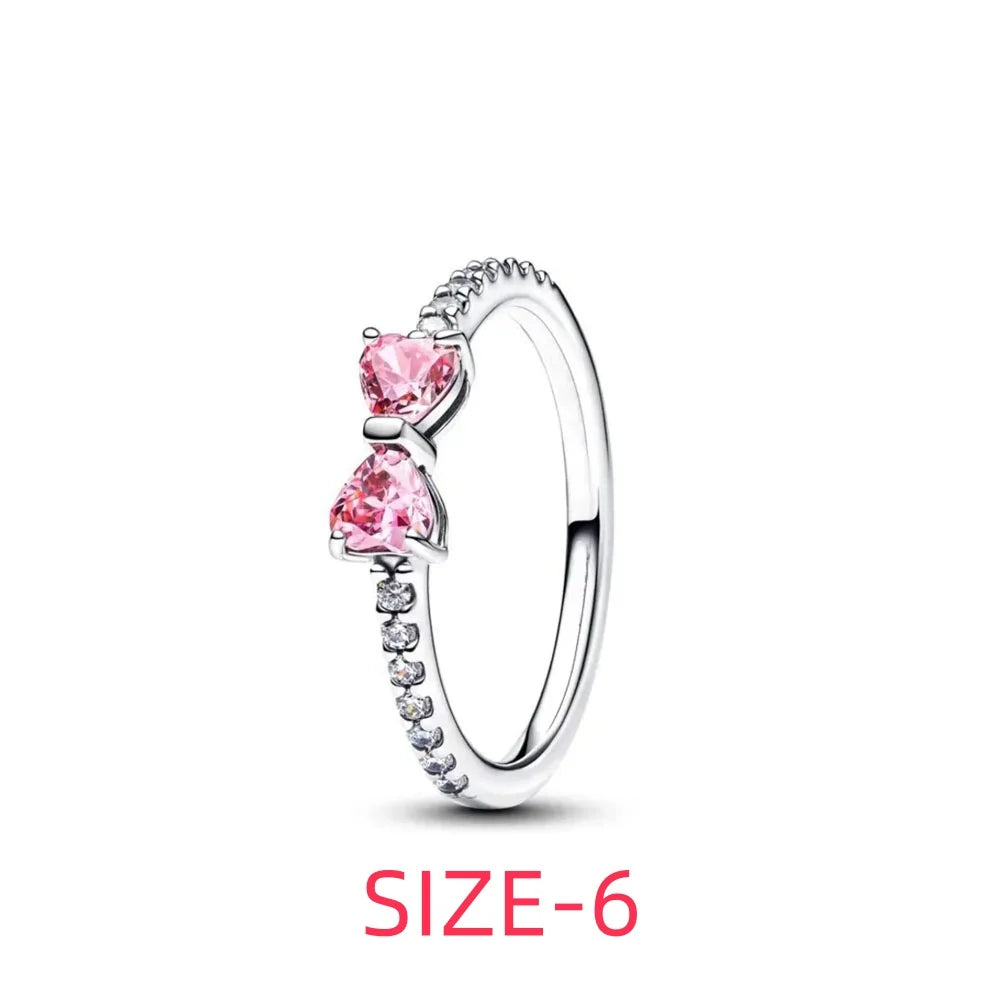 Original 925 Sterling Silver Colorful Bow Set Necklace Ring Earring Crystal For Women Valentine's Birthday Gift DIY Jewellery