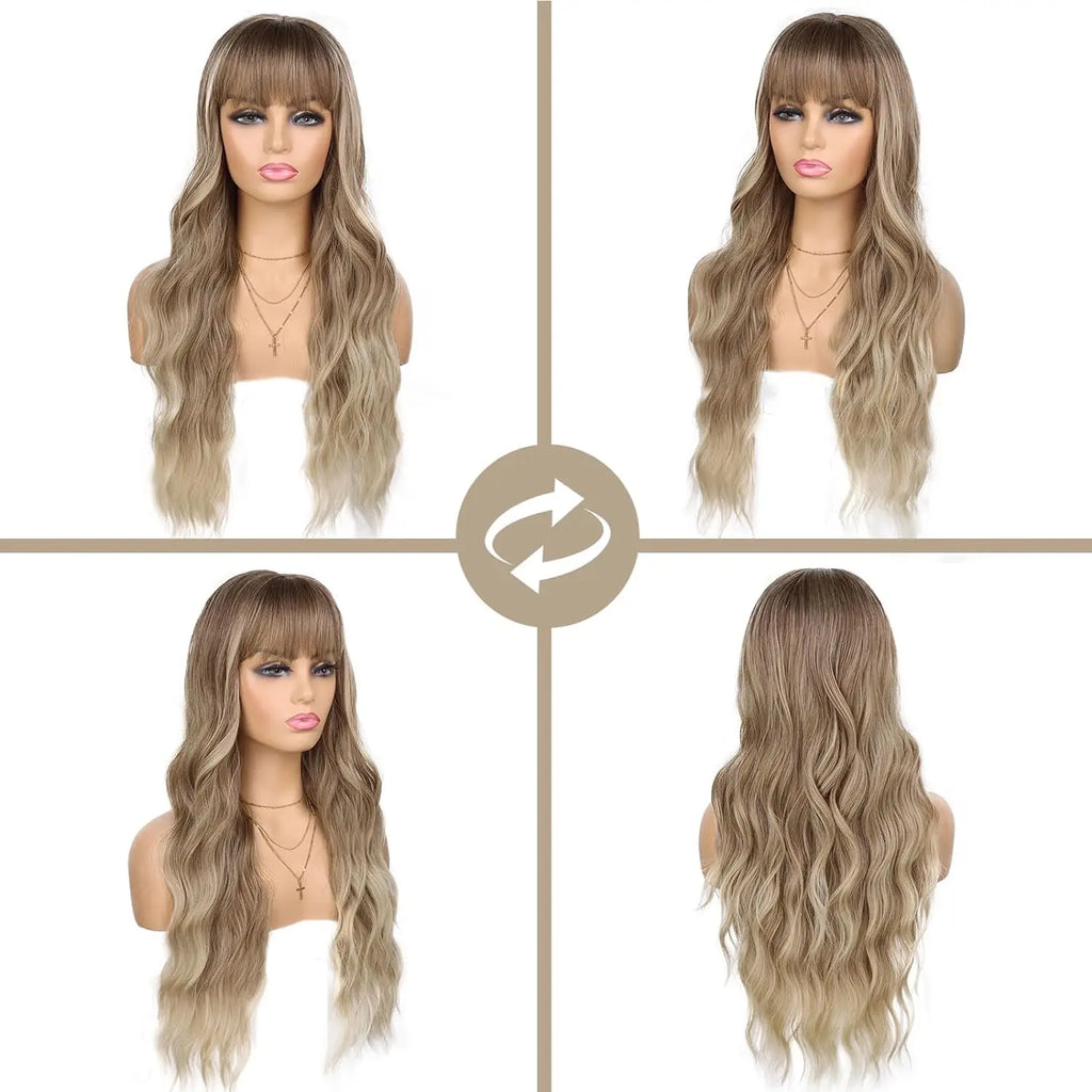 Synthetic Long Blonde Wigs with Bangs for Women Curly Wavy Hair Wigs Heat Resistant Fiber Wigs for Daily Party Use 26 Inches