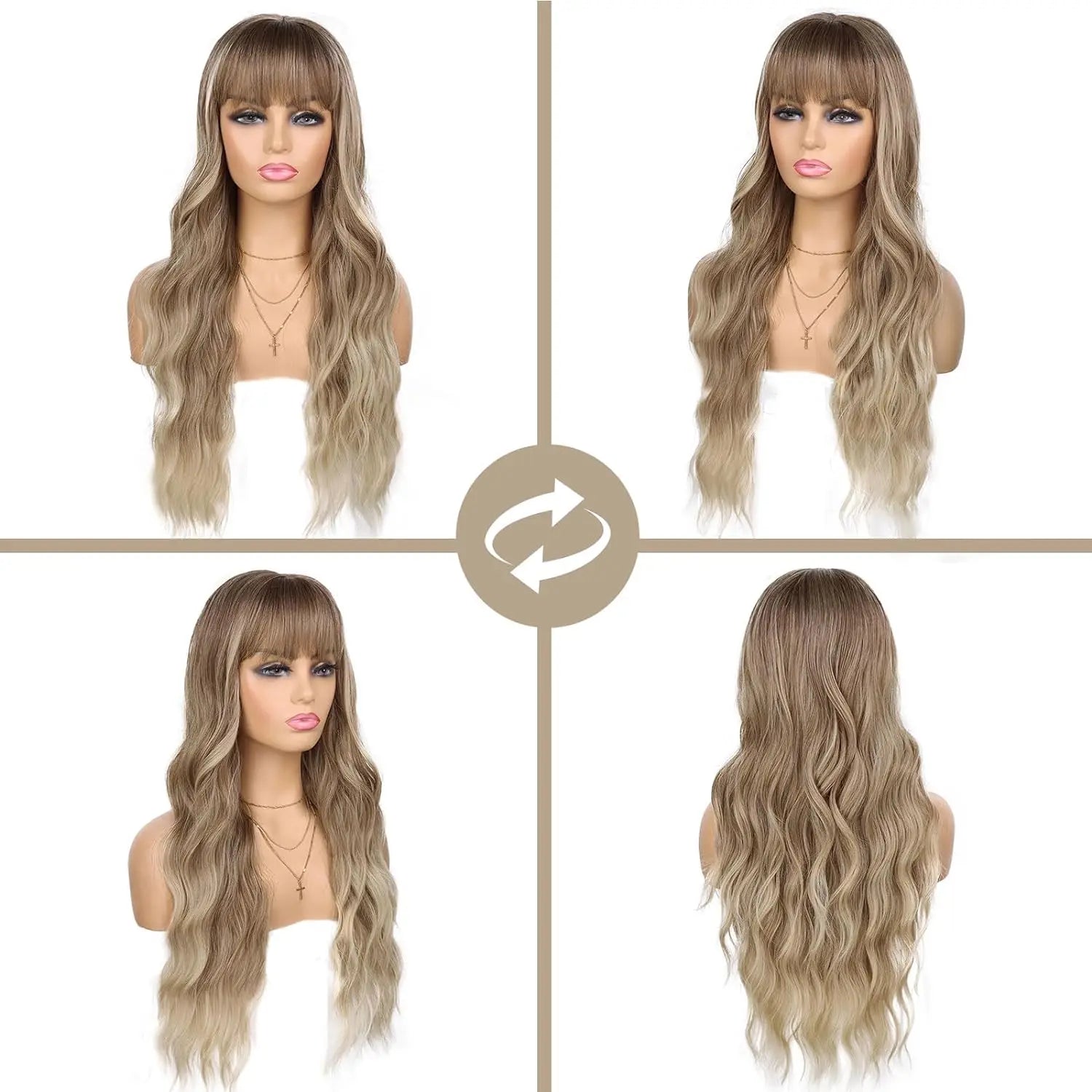 Synthetic Long Blonde Wigs with Bangs for Women Curly Wavy Hair Wigs Heat Resistant Fiber Wigs for Daily Party Use 26 Inches