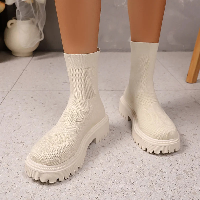 Bright Green Knitted Ankle Boots for Women 2025 Autumn Winter Non Slip Platform Booties Woman Casual Short Botas Shoes Mujer 42