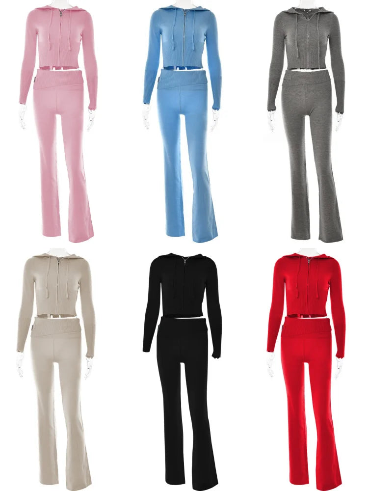 Apprabant Rib Knitted Two Piece Set Women Tracksuit Long Sleeve Zipper Hoodies Skinny Pants Sets Casual Solid Sweatshirt Suits