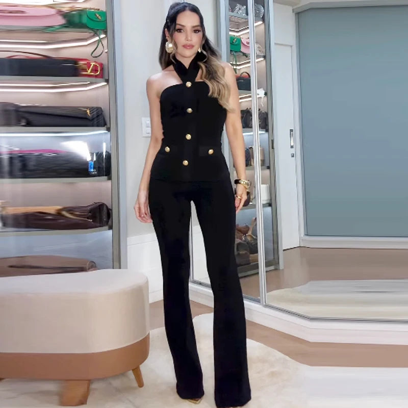 HXAO Black Flared Pant Sets Women's Two Pieces Set Button Halter Corset Top 2 Pieces Set Outfit High Waist Elastic Trousers Sets