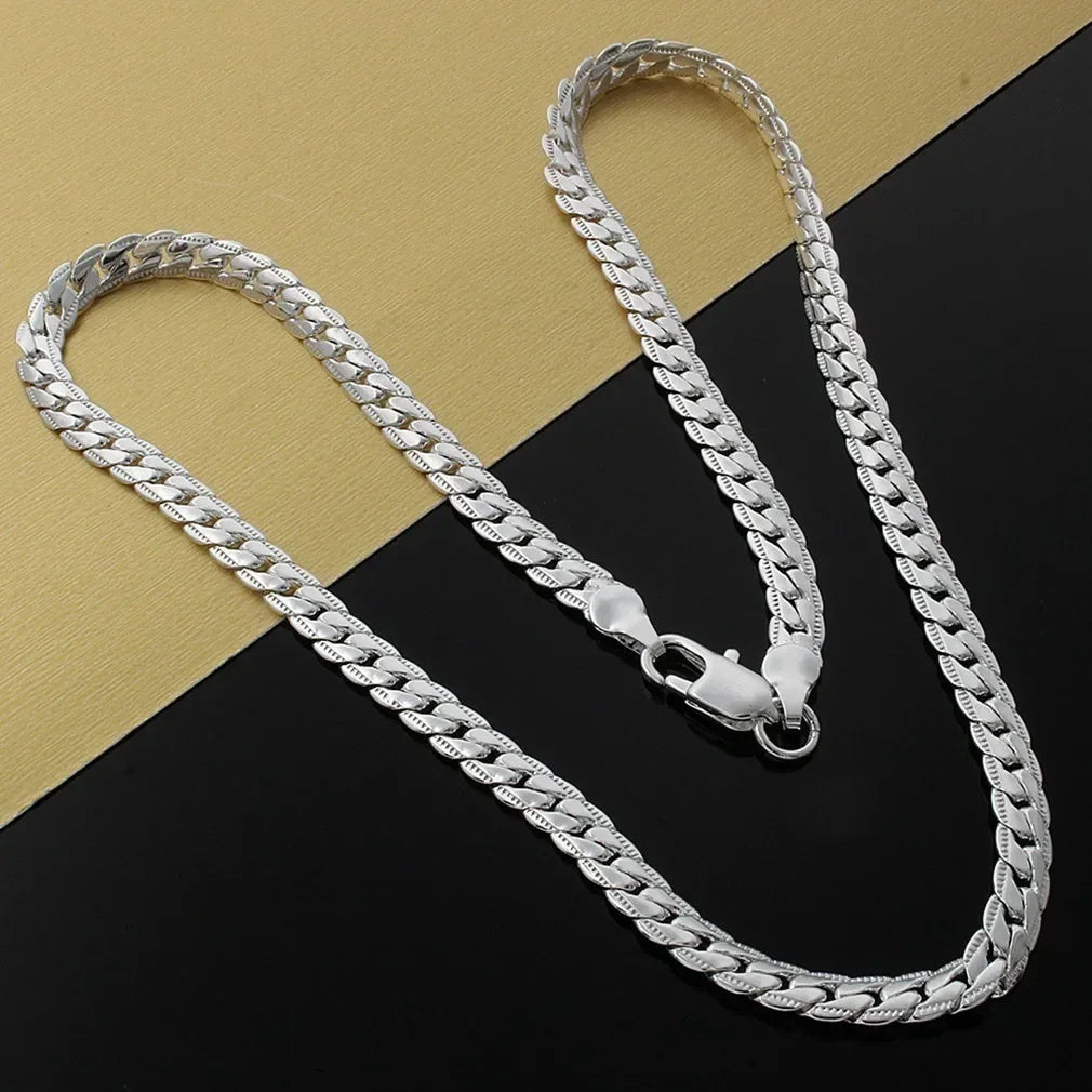 925 Sterling Silver 2 Piece Full Side Chain Necklace Bracelet Women Men Fashion Jewelry Set Wedding Gift