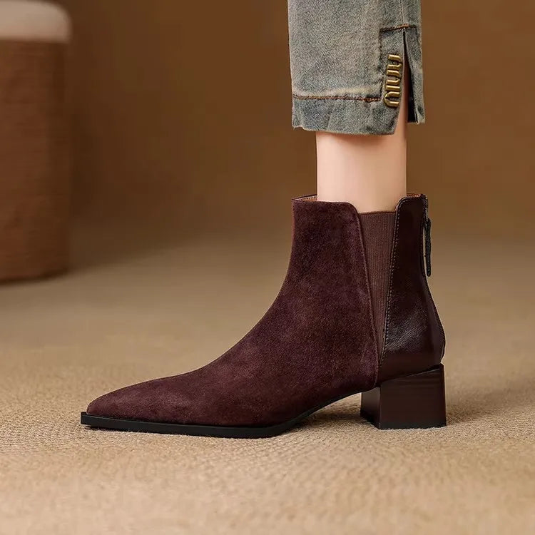 Autumn Winter Women Thick Heel Ankle Boots Elegant Back Zippers Shoes Modern Leather Suede Splicing Short Botas Para Mujer