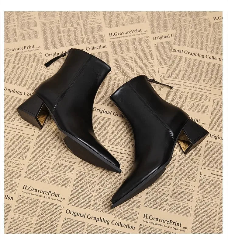 Women Artificial Leather Ankle Boots 2025 Autumn Fashion Square Heel Short Boot Ladies Casual Zipper Low Heel Shoes Botas Mujer