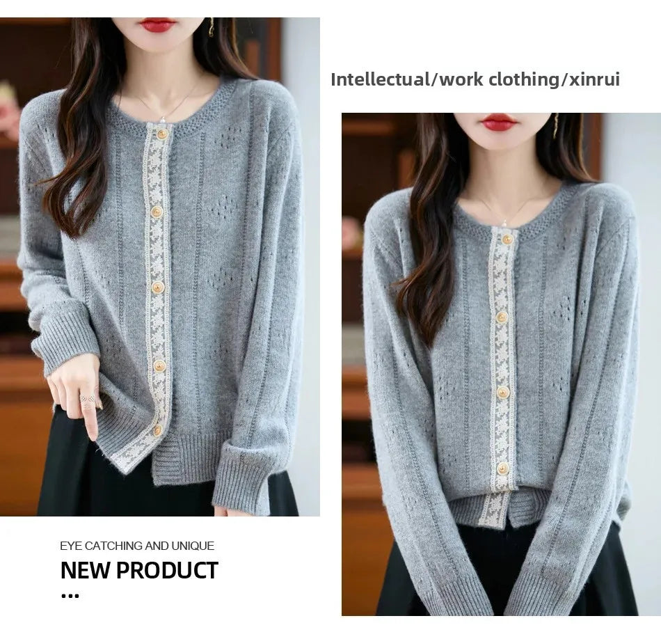 Slimming Soft Lace Splice Knitted Base Shirt French Design Sensation Knitted Open Cardigan Fashionable Anti-Aging Outerwear