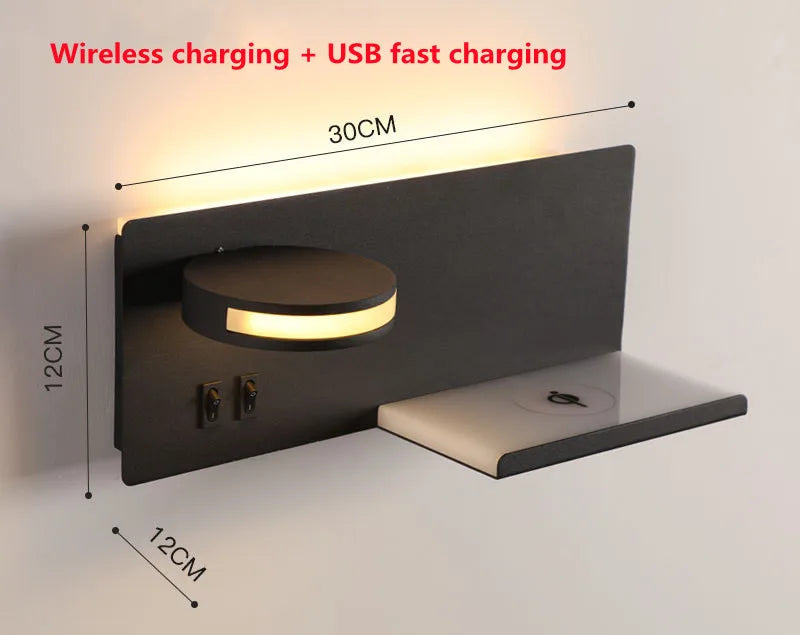 Wireless Charging Wall Lamp Bedroom Bedside USB Wall Light Rotatable Reading Lamp Study Room Switch Modern Multifunctional Hotel
