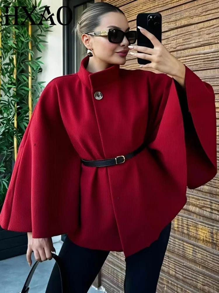 HXAO Women's Jackets Oversized Belt Tunic Jacket Autumn Winter Coat Female Red Brown Black Jacket Cropped Bat Sleeved Outerwears