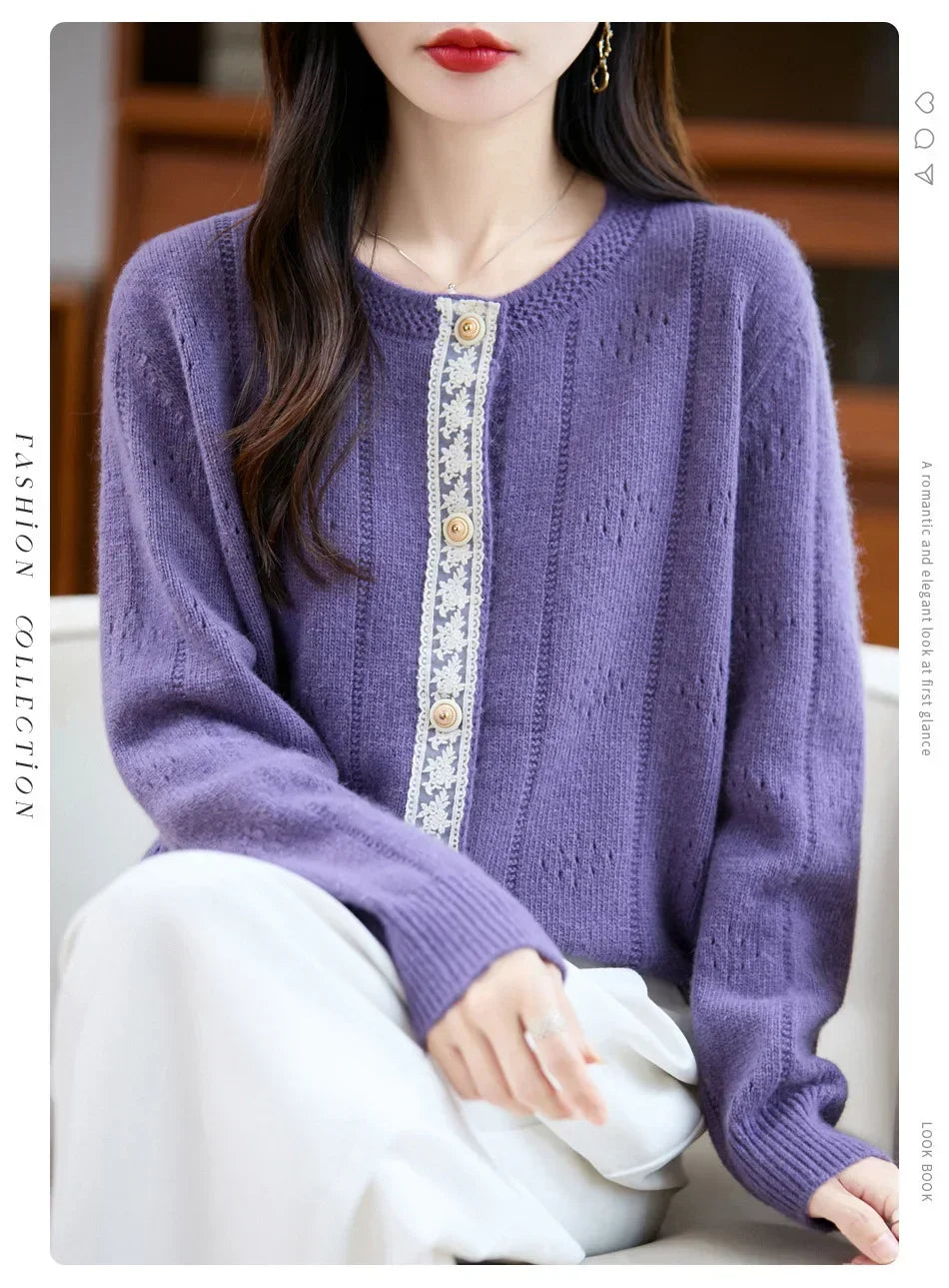 Slimming Soft Lace Splice Knitted Base Shirt French Design Sensation Knitted Open Cardigan Fashionable Anti-Aging Outerwear