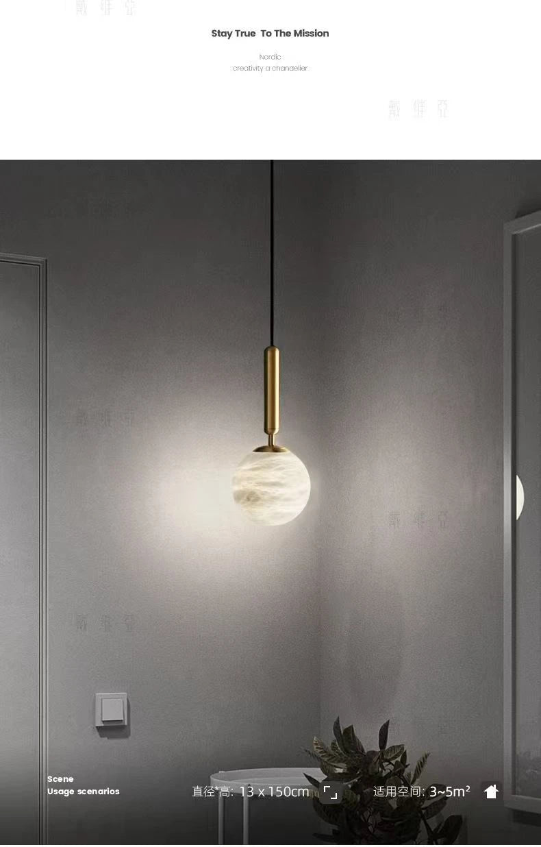 Modern Alabaster Pendant Light Round Ball Marble  Hanging Lamp For Bedroom Kitchen Island Dining Room Bedside Lights