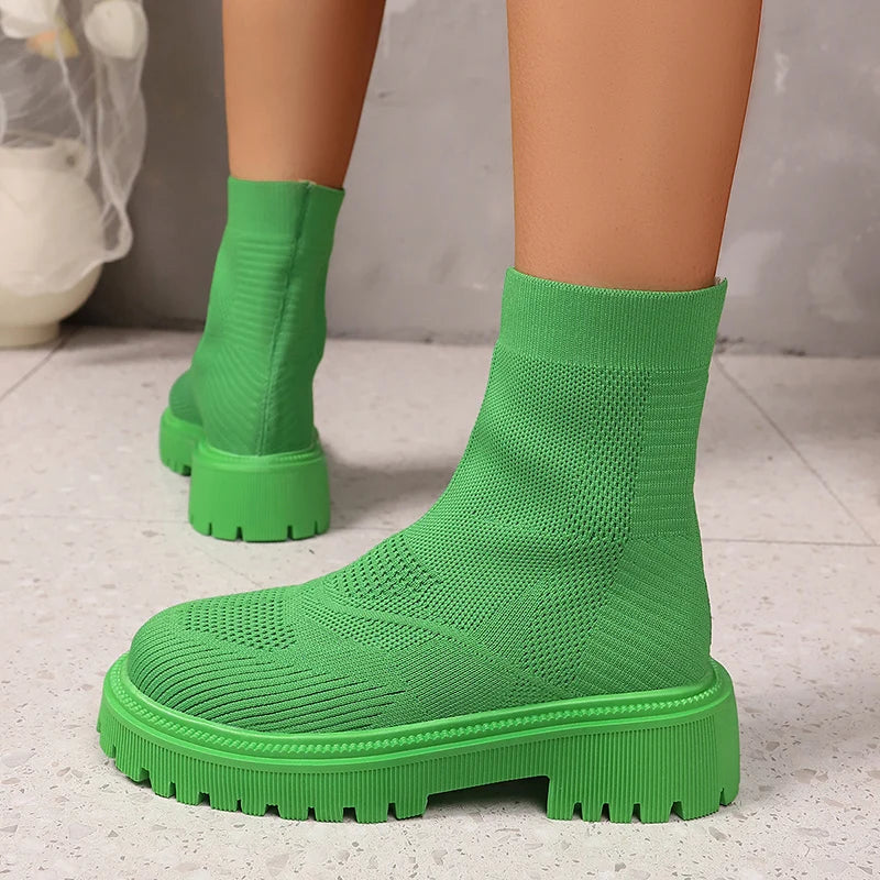 Bright Green Knitted Ankle Boots for Women 2025 Autumn Winter Non Slip Platform Booties Woman Casual Short Botas Shoes Mujer 42