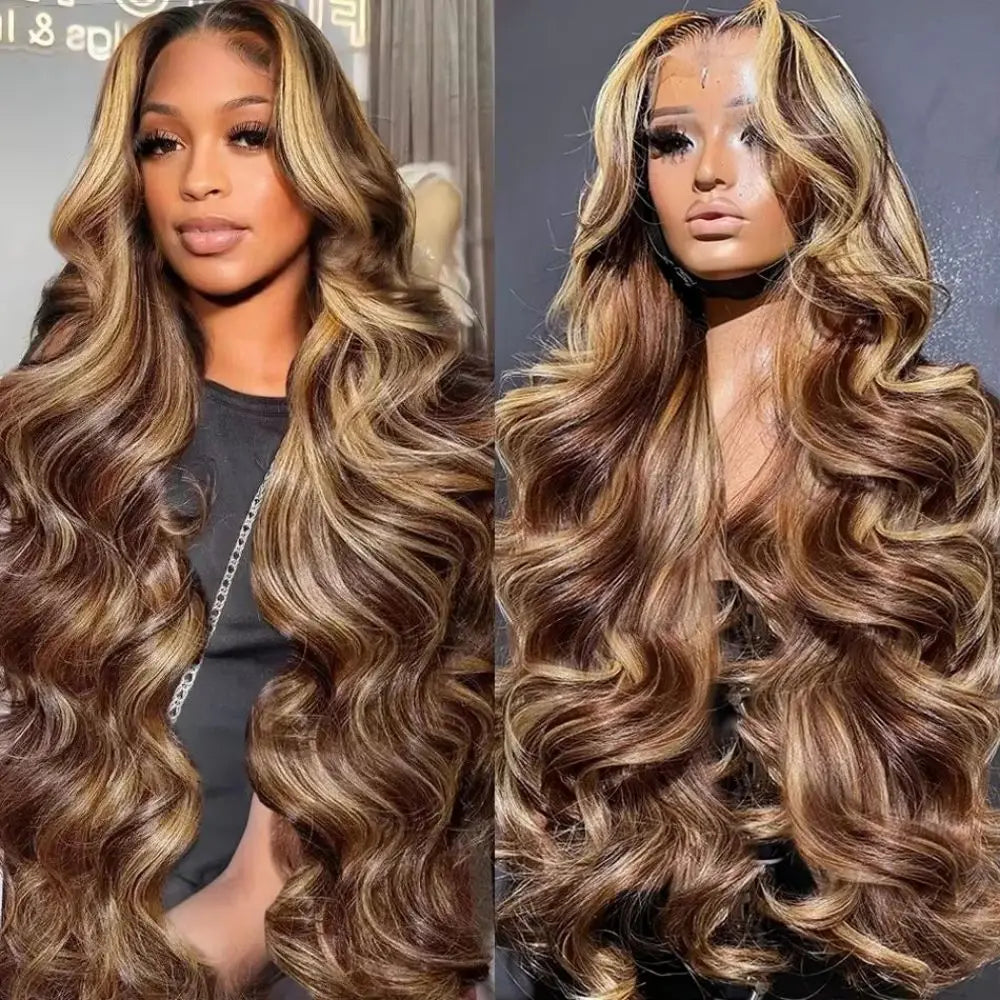 P4/27 Highlight Ombre Brown Body Wave 13x6 Human Hair Wig Honey Blonde Colored 13x4 HD Lace PrePlucked 40 46 Inch Wigs For Women