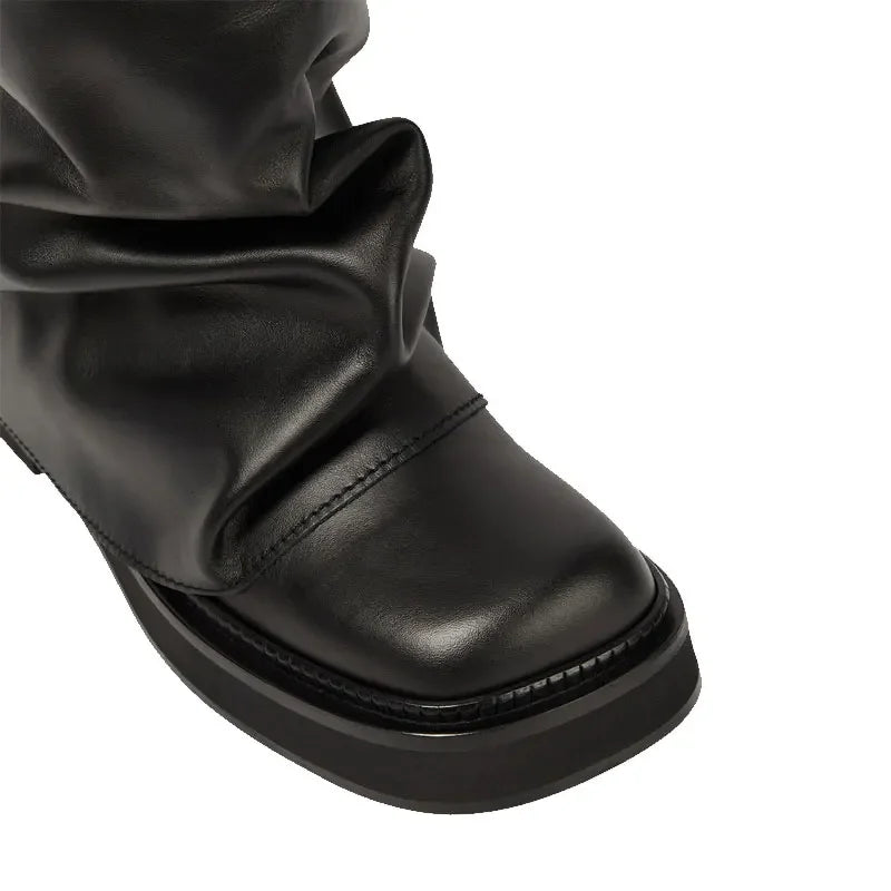 Women's New Autumn and Winter Calf Boots with Pleated Thick High Heels and Fashionable Oversized Street Leather Mid Leg Boots