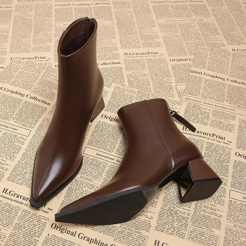 Women Artificial Leather Ankle Boots 2025 Autumn Fashion Square Heel Short Boot Ladies Casual Zipper Low Heel Shoes Botas Mujer