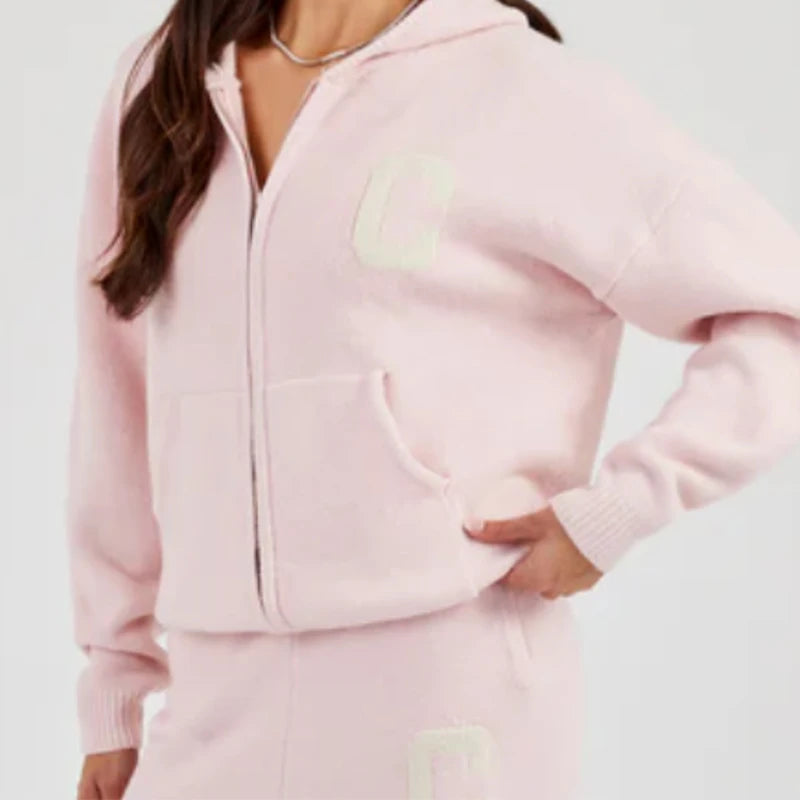 Knitted Women's Pant Sets Hooded Long Sleeve Dropped Shoulder Zipper Female Jacket Solid Elastic Waist Straight Pants For Ladies