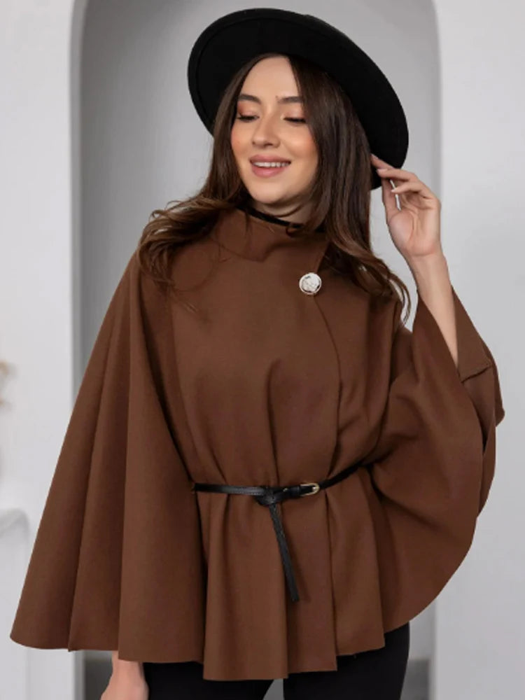 HXAO Women's Jackets Oversized Belt Tunic Jacket Autumn Winter Coat Female Red Brown Black Jacket Cropped Bat Sleeved Outerwears