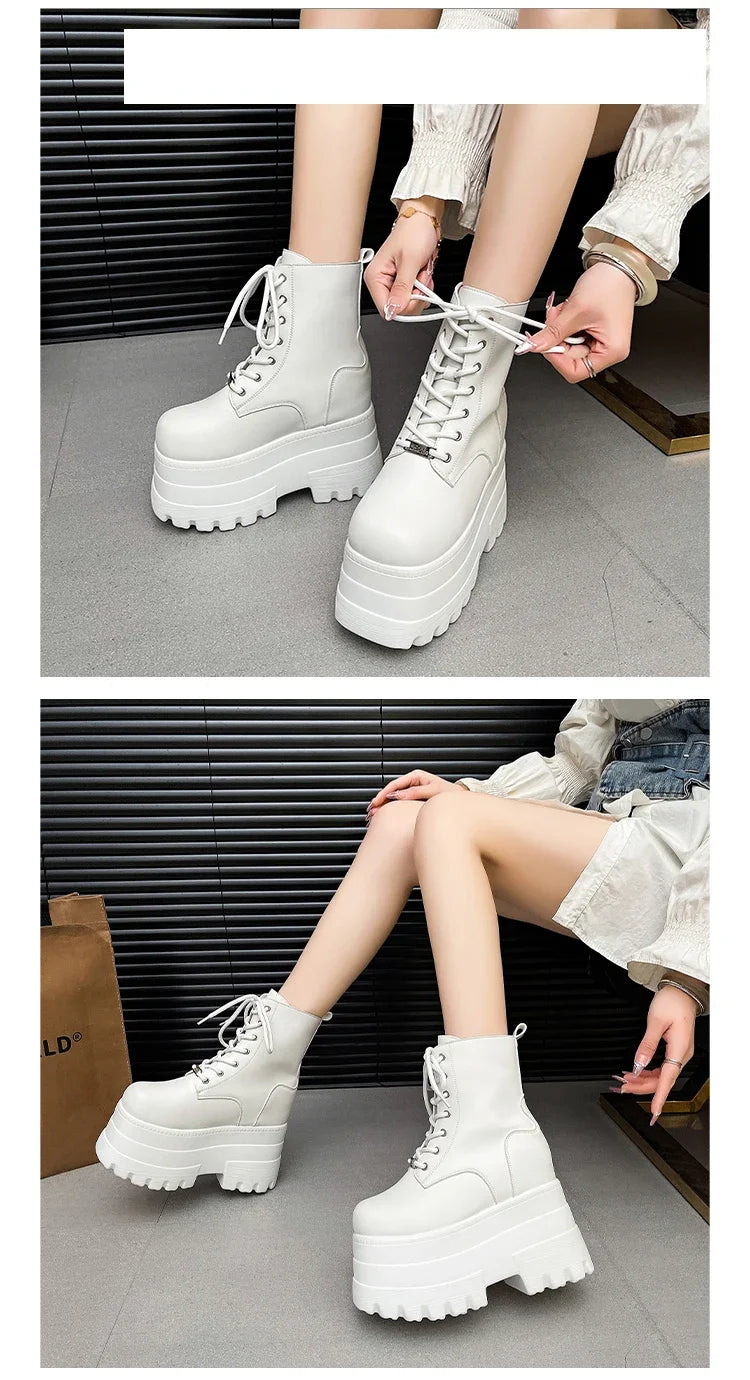 Women 13 CM Platform Boots Casual Outdoor Shoes Chunky Simple Lace Up Design Ankle Boots Cool Nightclub Party Black Shoes 35-43