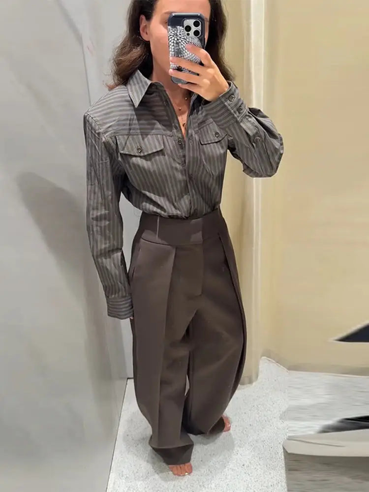 Vintage Stripe Shirt Pant Sets Women's Lapel Single-breasted Tops Front Pleated Trousers 2025 New Ladies Autumn Solid Streetwear
