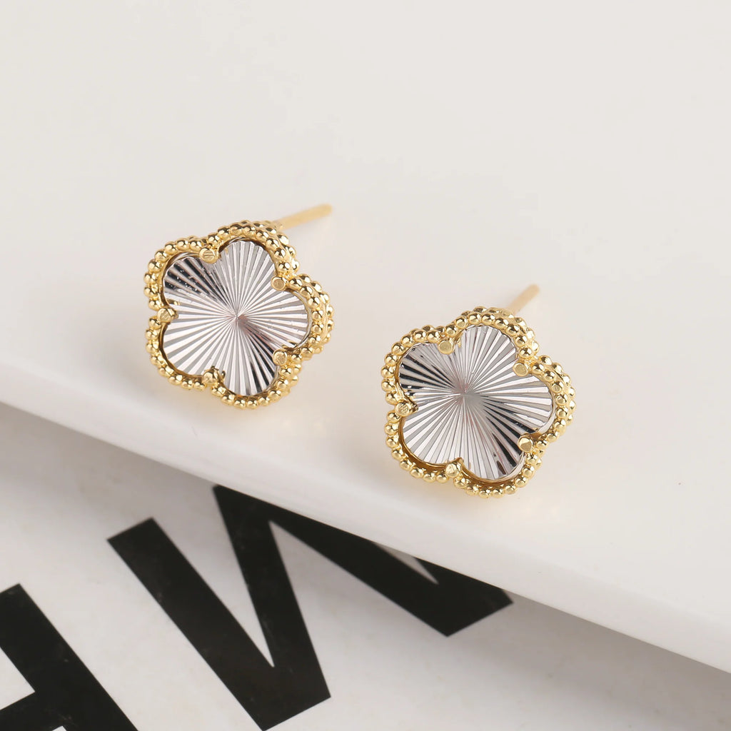 18K Gold Plated High Quality Simple Plant Five Leaf Flower Natural Stone Metal Pendant Necklace Earring Set Women's Clover