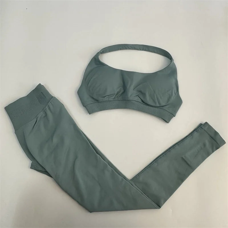 Ladies seamless yoga suit; two-piece fitness leggings; hip-lifting yoga pants set; gym sport suit; backless sports bra with