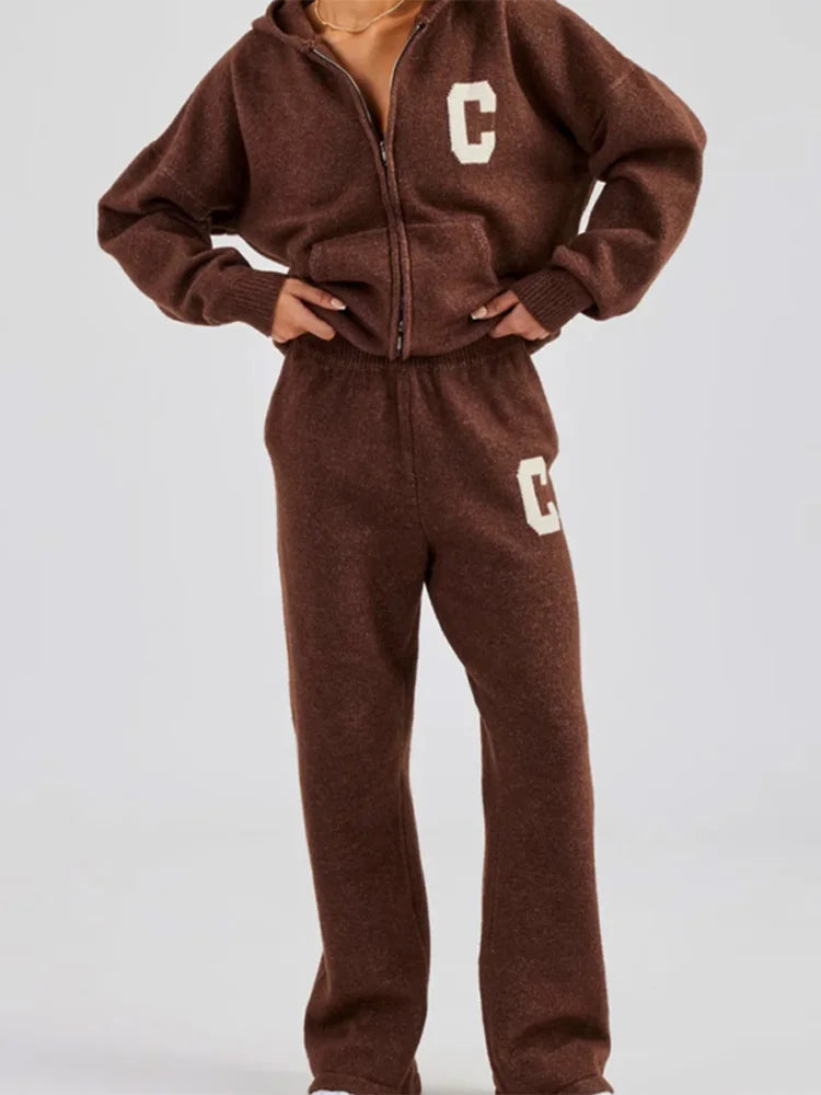 Knitted Women's Pant Sets Hooded Long Sleeve Dropped Shoulder Zipper Female Jacket Solid Elastic Waist Straight Pants For Ladies