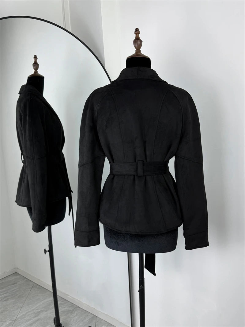 Tornova Retro Suede Long-sleeved Jacket Coat Female V neck Lace Up Jacket 2025 Autumn Winter New Commute Office Lady Outerwear